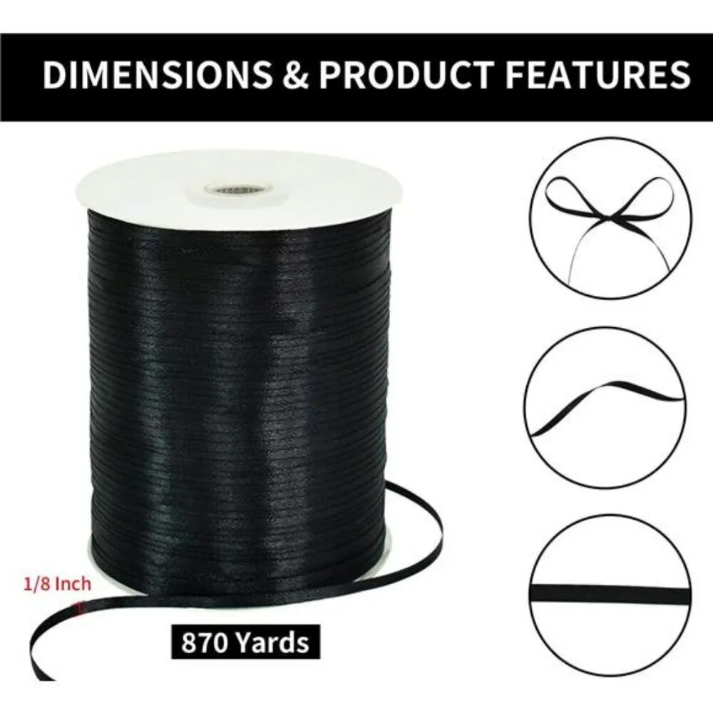 Black Satin Ribbon 870 Yards 1 8 Inch Double Face Fabric for Gift Wrapping Craft